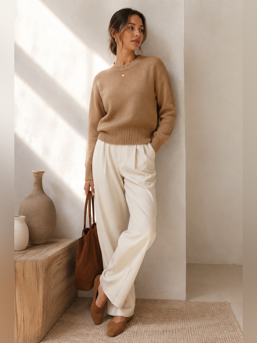 Vince Wool Cashmere Camel Crewneck Sweater Quiet Luxury Minimalist Knit Neutral